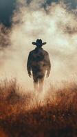 Mysterious cowboy walking through foggy landscape at dusk in open field photo