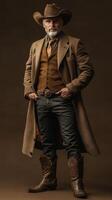 Senior man in cowboy attire stands confidently indoors, showcasing classic western style during a portrait session photo