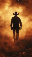 Dramatic silhouette of a cowboy walking through a fiery landscape at dusk in the wilderness photo