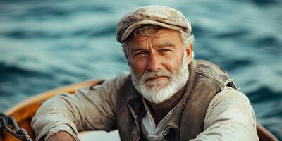 Portrait of an elderly fisherman in a wooden boat against a serene sea background during daylight hours photo