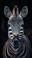 Unique close-up of a zebra showcasing distinct black and white stripes in a natural habitat during daylight hours photo