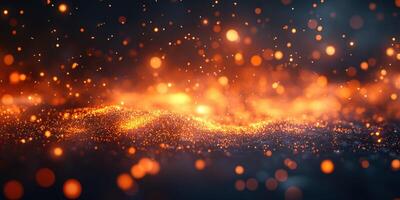 Vibrant particles swirling in a glowing orange and gold landscape during nighttime illumination photo