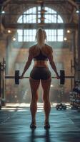 Strong woman lifting barbell in industrial gym during early morning workout session photo