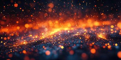 Sparkling particles illuminate a dark landscape resembling a cosmic scene with vibrant warmth and mystery photo