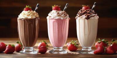 Delightful milkshakes in three flavors served in tall glasses with whipped cream and strawberries on a wooden table photo