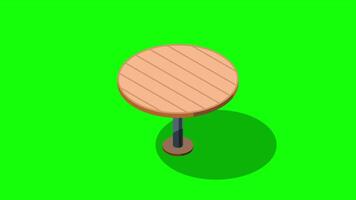 Isometric round table animation. Wooden round table. Isometric furniture. Motion graphic. 4K animation video