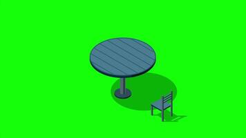 Isometric round table with chairs animation. Wooden round table. Isometric furniture. Motion graphic. 4K animation video