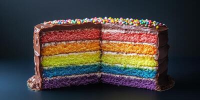 Colorful layered cake decorated with sprinkles and chocolate frosting on a dark background photo