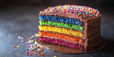 Colorful layered cake with chocolate frosting and sprinkles showcased on a dark background photo
