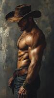 Strong man in cowboy hat poses dramatically against textured background highlighting muscular physique photo