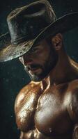 Strong man with hat showcases confidence in dramatic lighting and water droplets photo