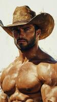 Strong man in cowboy hat poses confidently against a rustic background during golden hour photo