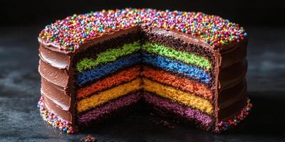 Multicolored layer cake with chocolate frosting and sprinkles on a dark surface photo