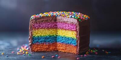Colorful layered cake with vibrant frosting and sprinkles, perfect for celebrations and special occasions photo