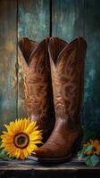 Stylish brown cowboy boots with intricate designs next to a vibrant sunflower on a rustic wooden background photo