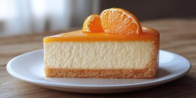 Creamy orange cheesecake slice on a white plate with bright citrus garnishes at a cozy kitchen setting photo