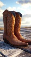 Brown cowboy boots resting on weathered wooden deck under a partly cloudy sky in an outdoor setting photo