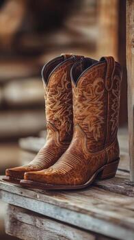 Brown cowboy boots resting on a wooden shelf in a rustic setting with warm tones and natural textures photo