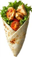 Delicious grilled chicken wrap filled with fresh lettuce and cherry tomatoes in a toasted tortilla shell photo