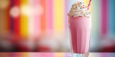 Refreshing pink milkshake topped with whipped cream and sprinkles in a vibrant cafe setting photo