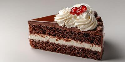 Delicious chocolate cake slice with cream topping and cherry on a grey background photo