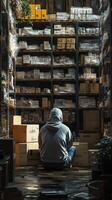 Worker sorting packages in a dimly lit warehouse filled with stacked boxes late in the evening photo