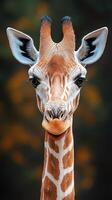 Giraffe looking directly at the viewer with a blurred forest background in the early morning light photo