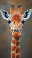 Giraffe gazing curiously at the viewer with striking features and vibrant colors against a soft backdrop photo