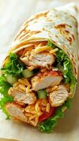 Delicious grilled chicken wrap filled with fresh vegetables and cheese on a wooden table photo