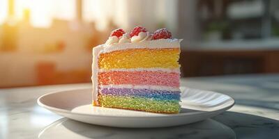Colorful layered cake served on a white plate with bright background during afternoon light in a cozy kitchen photo