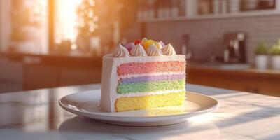 Layered cake with vibrant colors displayed in a sunlit kitchen setting at golden hour photo