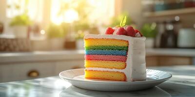 Colorful layered cake sits on a plate in a bright kitchen with soft sunlight in the background and fresh berries on top photo