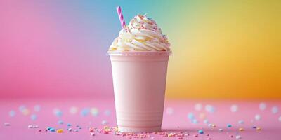 Colorful frozen dessert with cream and sprinkles in a clear cup against a vibrant background photo