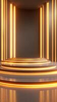Stylish interior with glowing orange lights and modern design elements set in a circular stage photo