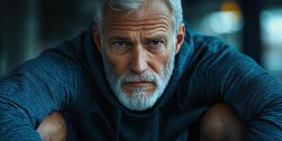 Intense expression of a mature man sitting in a relaxed posture, showcasing wisdom and experience photo