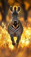 Zebra running through golden grasslands during sunset in a natural habitat photo