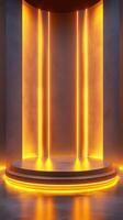 Stylish illuminated stage with warm orange lights set against a sleek background designed for presentations and performances photo