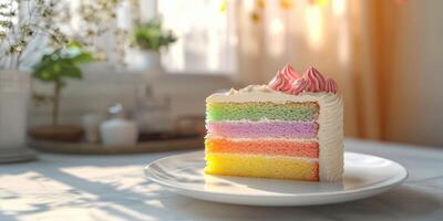 Colorful layered cake served on a white plate in a bright kitchen with natural light streaming in photo