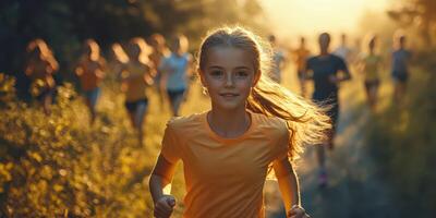 Joyful young girl runs ahead of a group during a vibrant outdoor running event at sunset in a park photo