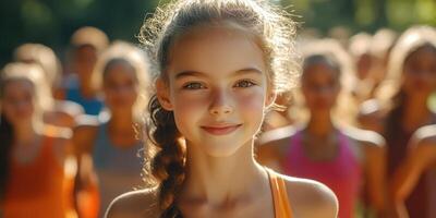 Young girl smiling in a vibrant outdoor group activity during a sunny day in a park photo