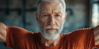 Older man focuses intensely while exercising in a gym during the morning hours for strength training and overall fitness photo