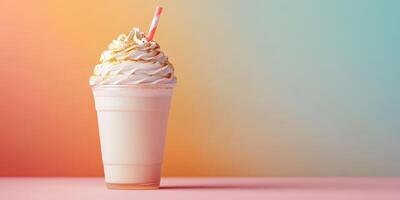 Creamy milkshake topped with whipped cream and a colorful straw in a pastel setting photo