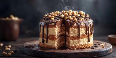 Delicious layered cake with creamy frosting and chocolate glaze showcased in a rustic setting photo