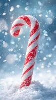 Colorful candy cane stands in soft snow with falling snowflakes during winter season photo