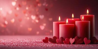Romantic candles glow softly amidst heart decorations for a cozy atmosphere photo