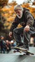 Older man skateboarding at a park during autumn, showcasing skill and passion for the sport photo