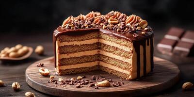 Delicious cake with chocolate frosting and coffee layers displayed on a wooden board surrounded by nuts and chocolate pieces photo