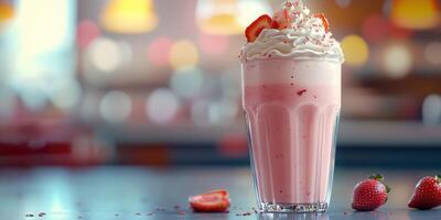 Creamy strawberry milkshake with whipped cream and strawberries served in a glass at a vibrant diner photo