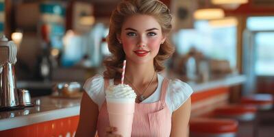 Young woman enjoys a milkshake at a retro diner during the afternoon with bright decor photo