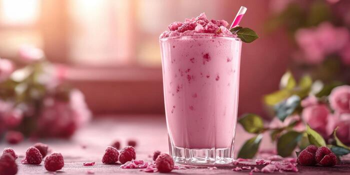 Refreshing raspberry smoothie in a glass with crushed berries on the table and rose flowers in a cozy setting photo